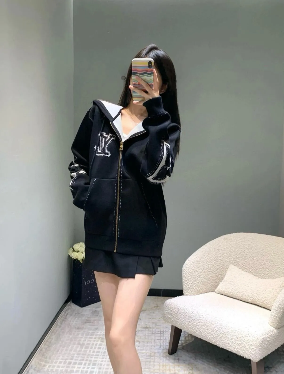 Louis Vuitton/Louis Vuitton intarsia jacquard logo cotton blend hooded jacket